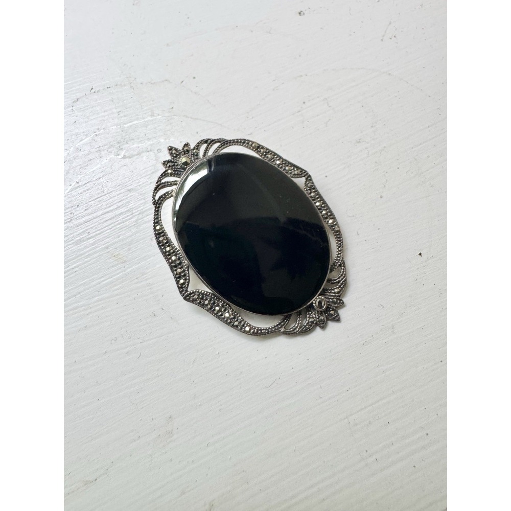 Large Oval Onyx Marcasite 925 Sterling Silver Victorian Pin Pendant Vintage